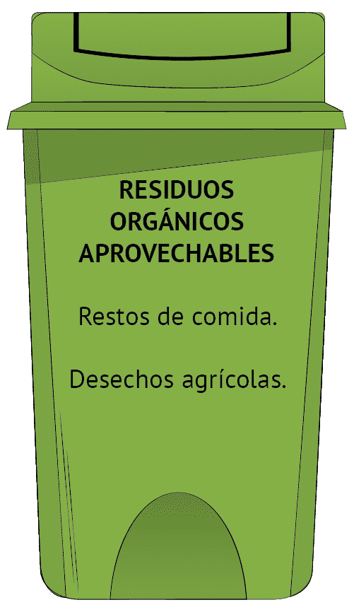 Caneca verde - RESIDUOS ORGÁNICOS APROVECHABLES: resto de comida. Desechos agrícolas
