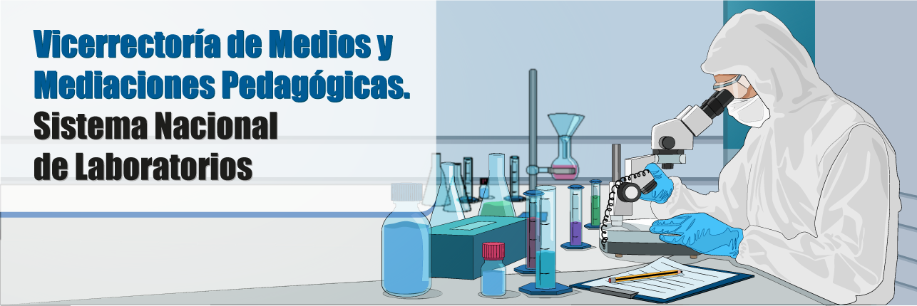 Imagen de un cientifico realizando pruebas, con el titulo vicerrectoria de medios y mediaciones pedagógicas. Sistema nacional de laboratorios.