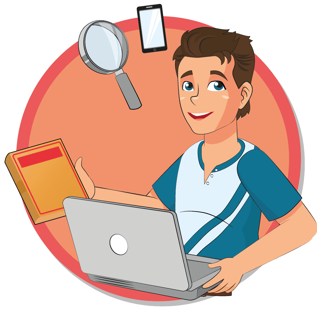 Personaje con diferentes elementos de estudio: laptop, un celular, una lupa y un libro.