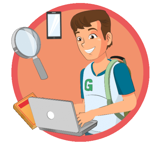 Personaje GES usando  una laptop con  un libro en la mano.