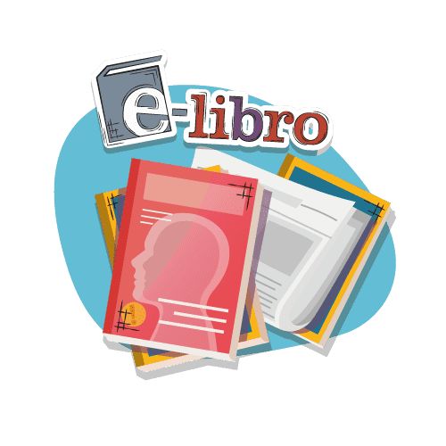Varios cuadernos, revistas y libros con un titulo que dice: e-libro.