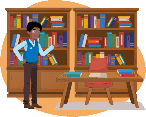 Avatar de bibliotecario hablando delante de una biblioteca.