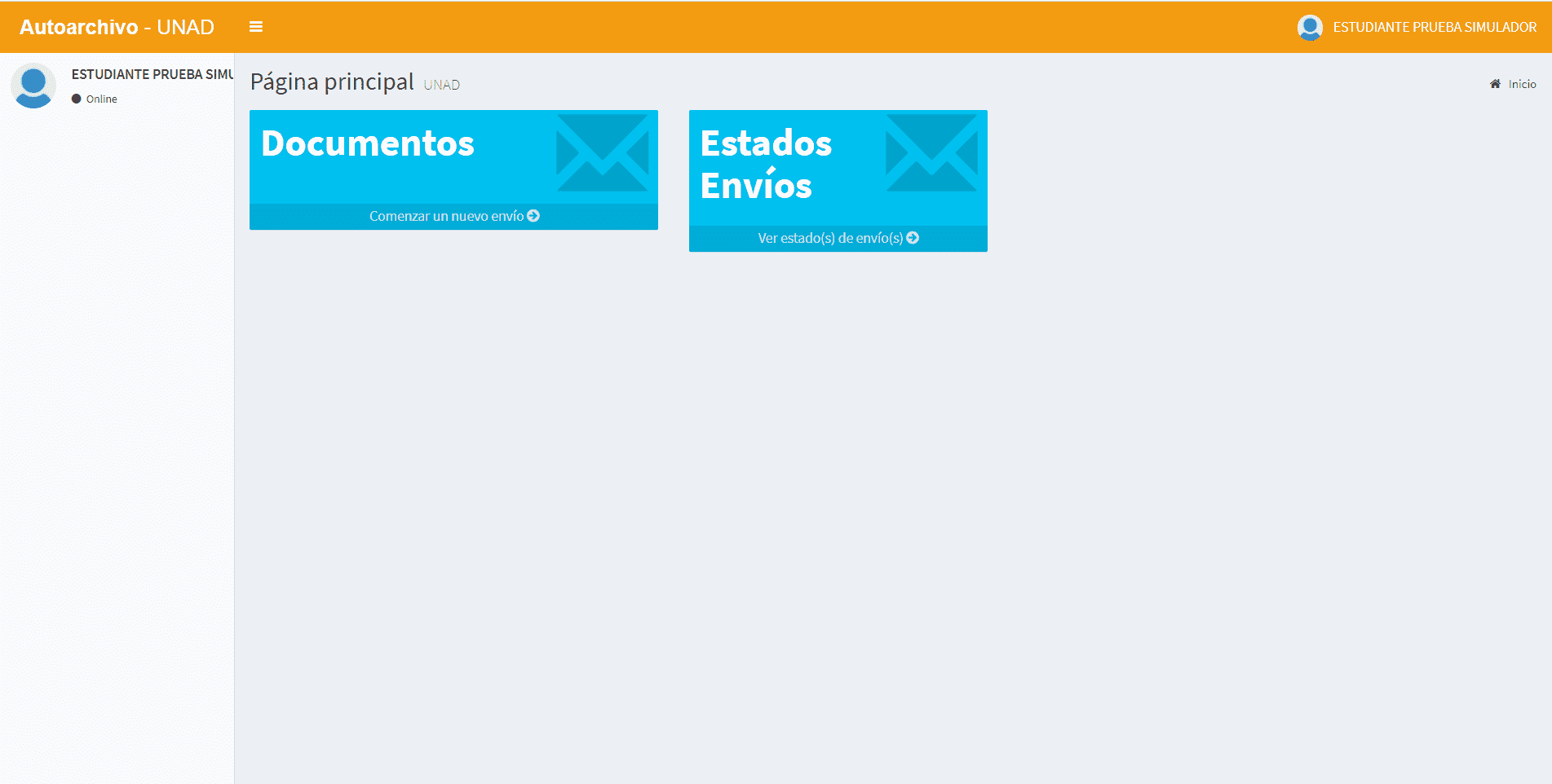 Página con dos opciones: documentos y estado de envío