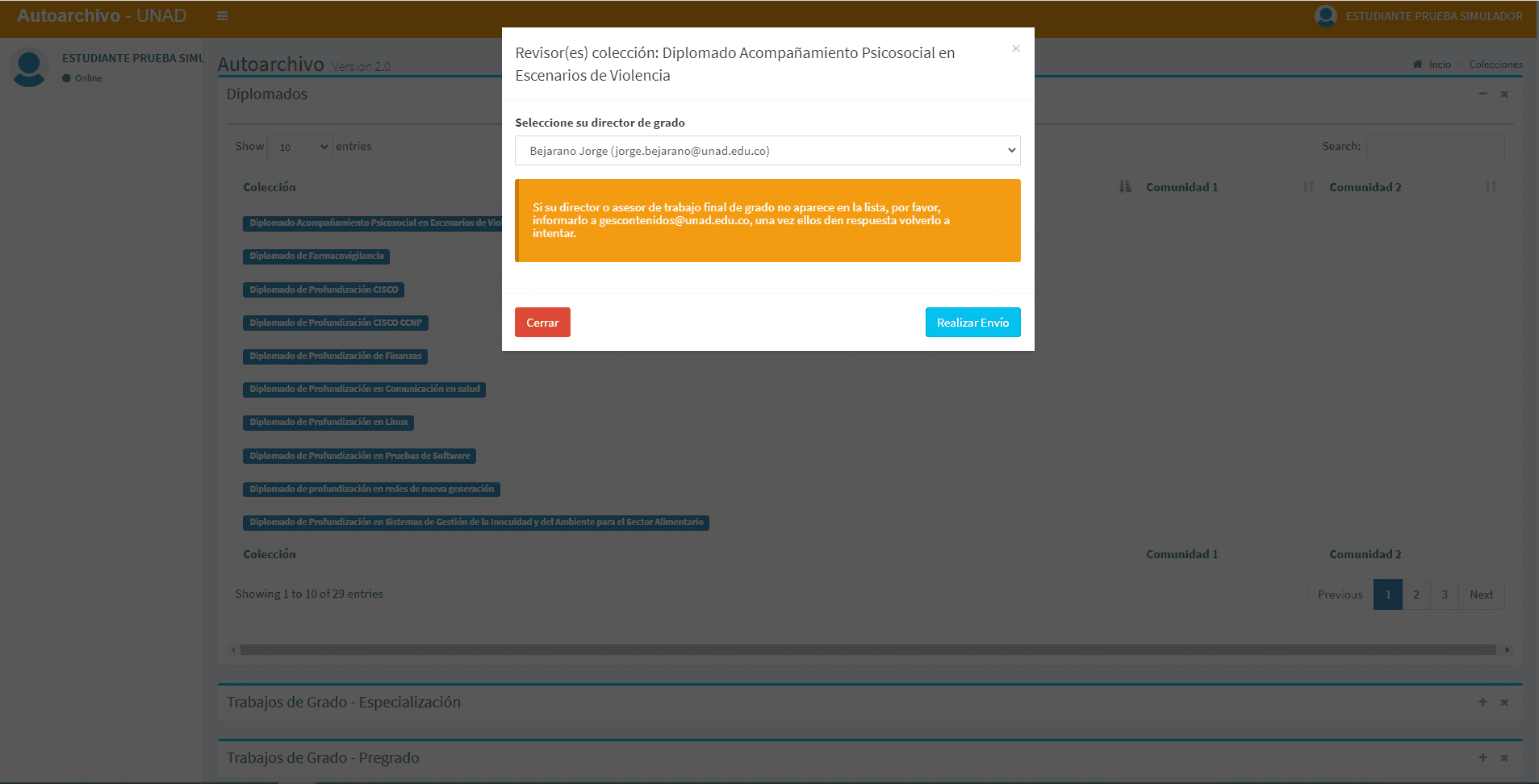 Modal de la UNAD para seleccionar al docente / director de grado