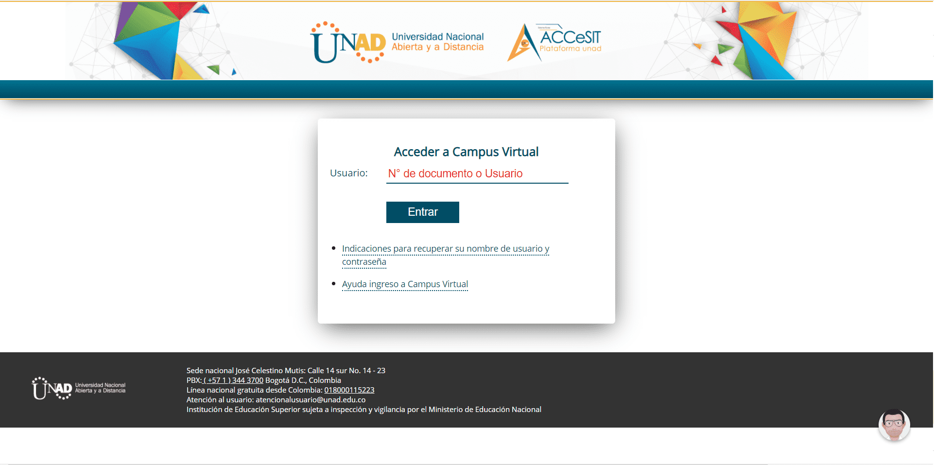 Página de inicio del Campus Virtual de la UNAD