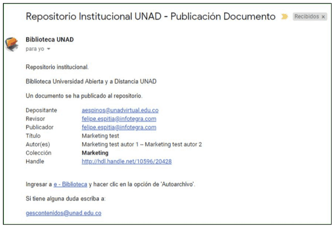 Correo del estudiante donde se confirma la publicación del documento
