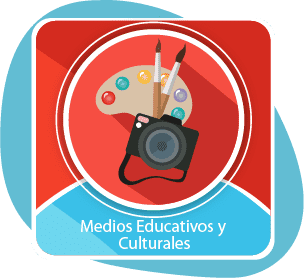 Una cámara  una paletas de colores y dos pinceles con el texto Medios Educativos y culturales.