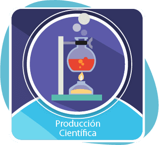 Soporte universal de laboratorio con un mechero y un tubo de ensayo con el texto Producción científica.