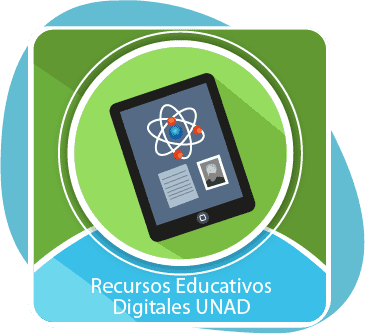 Una tablet  proyectando un átomo  un documento y  una foto debajo el texto recursos educativos digitales UNAD.