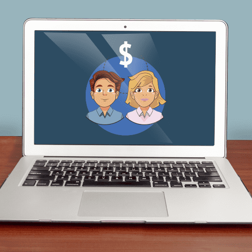 Una pantalla de computador  proyectando  el signo del dólar y dos personas.
