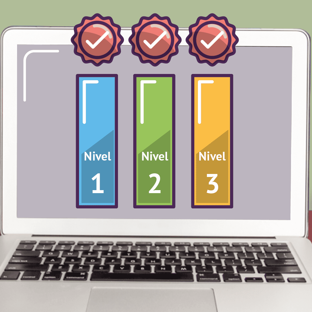 Laptop  proyectando   con las inscripciones de nivel 1,  nivel 2 y nivel 3.